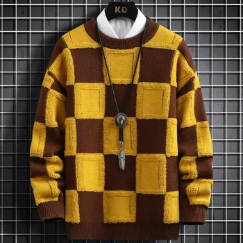 Нова Есенно-Зимния Корейски Стил, Мъжки Пуловери, Блузи, Висококачествен Дебел Топъл Вълнен Пуловер, Мъжки Луксозен Кариран Пуловер Homme 2023