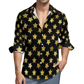 Ежедневни ризи с принтом блестящи звезди, Мъжка риза и златна звезда, Реколта забавни блузи с дълъг ръкав, Пролетно облекло по поръчка, Големи размери 3XL 4XL