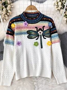 Корейската мода на подиума, бродерия под формата на водни кончета, Изолирана Възли Пуловери с обрат, Новият Есенно-зимния Топъл Пуловер с цветя, ръчно изработени, топ